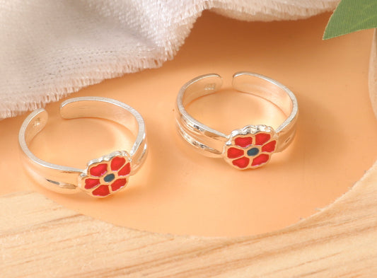 Red Enamel Flower Toe Ring in 925 Sterling Silver | Adjustable Toe Ring Jewelry