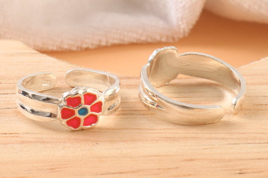 Red Enamel Flower Toe Ring in 925 Sterling Silver | Adjustable Toe Ring Jewelry