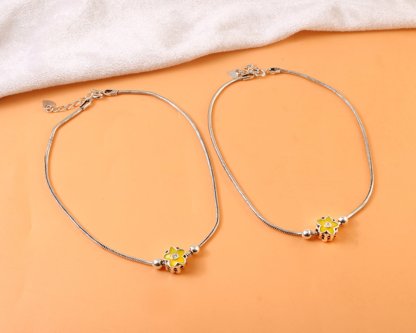 925 Silver Adjustable Anklet with Yellow Flower Charm – Handmade Enamel Jewelry