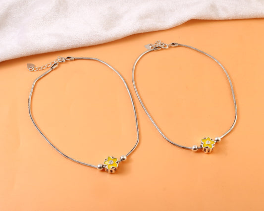 925 Silver Adjustable Anklet with Yellow Flower Charm – Handmade Enamel Jewelry