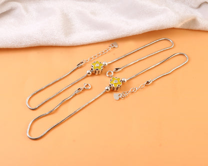 925 Silver Adjustable Anklet with Yellow Flower Charm – Handmade Enamel Jewelry