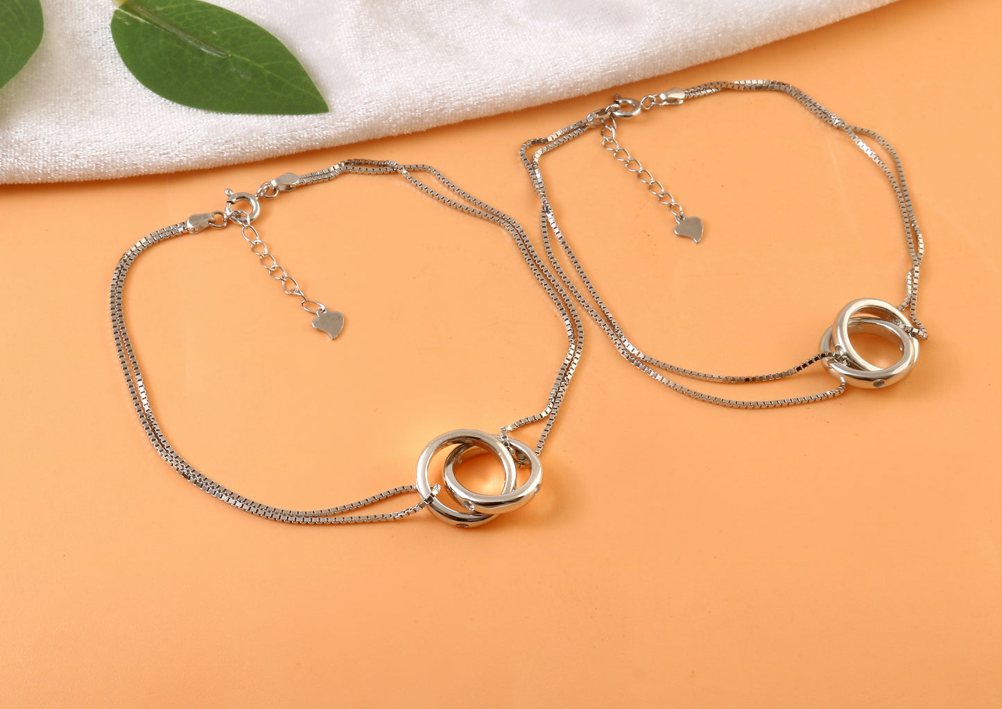 925 Silver Double Chain Anklet with Interlocking Circle Charms – Minimalist Adjustable Jewelry