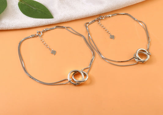 925 Silver Double Chain Anklet with Interlocking Circle Charms – Minimalist Adjustable Jewelry