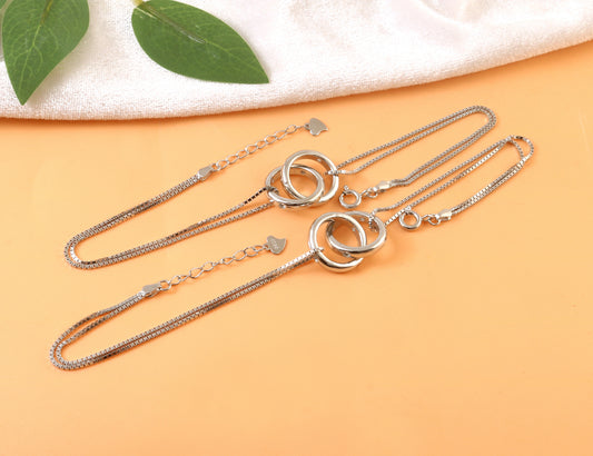 925 Silver Double Chain Anklet with Interlocking Circle Charms – Minimalist Adjustable Jewelry