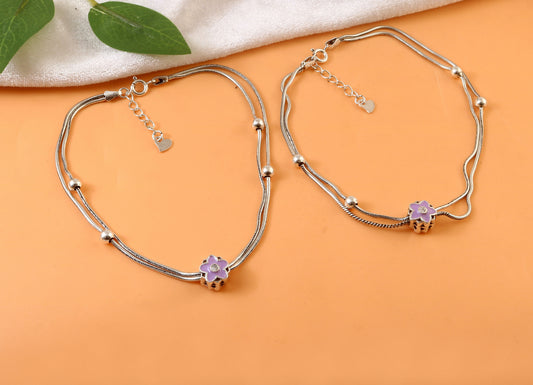 925 Silver Adjustable Anklet with Purple Floral Enamel Charm – Handmade Boho Jewelry