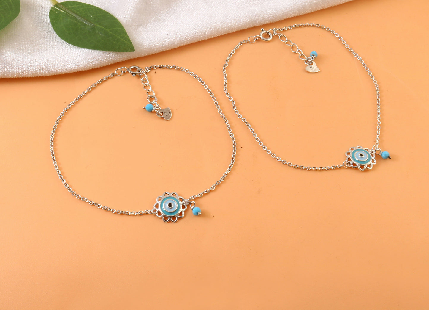 925 Silver Adjustable Evil Eye Anklet with Blue Enamel – Handmade Protection Jewelry