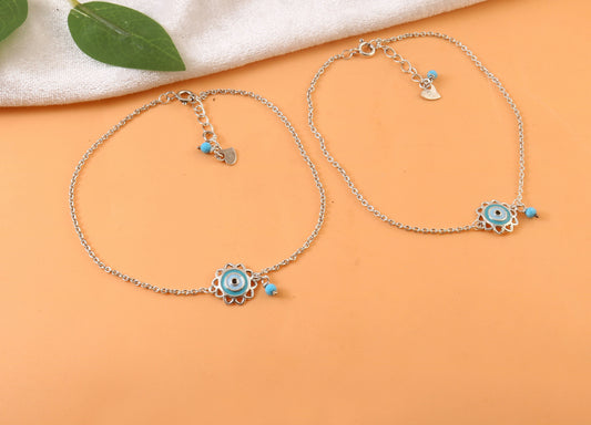 925 Silver Adjustable Evil Eye Anklet with Blue Enamel – Handmade Protection Jewelry