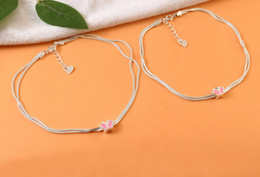 925 Silver Double Chain Anklet with Pink Butterfly Charm – Adjustable Minimal Jewelry