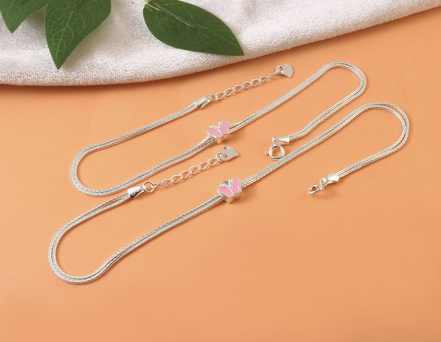 925 Silver Double Chain Anklet with Pink Butterfly Charm – Adjustable Minimal Jewelry