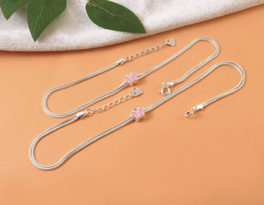 925 Silver Double Chain Anklet with Pink Butterfly Charm – Adjustable Minimal Jewelry