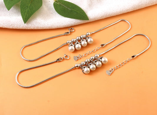 925 Silver Adjustable Anklet with White Pearl Dangle Charms – Handmade Ethnic Jewelry