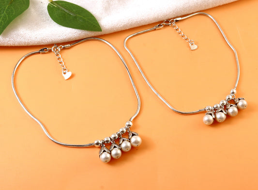 925 Silver Adjustable Anklet with White Pearl Dangle Charms – Handmade Ethnic Jewelry