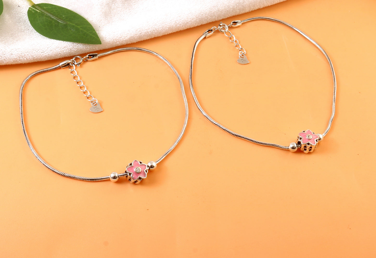 925 Silver Adjustable Anklet with Pink Flower Charm – Handmade Cute Summer Jewelry