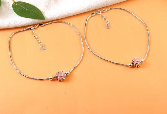 925 Silver Adjustable Anklet with Pink Flower Charm – Handmade Cute Summer Jewelry