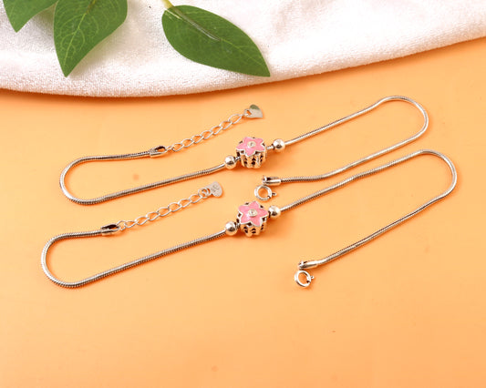 925 Silver Adjustable Anklet with Pink Flower Charm – Handmade Cute Summer Jewelry