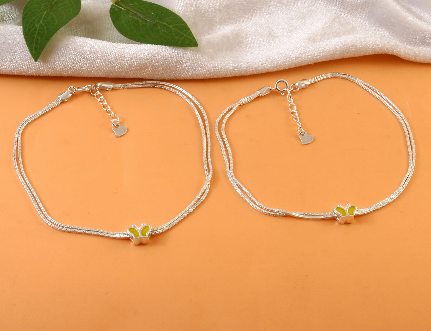Sterling Silver Double Chain Anklet with Yellow Butterfly Charm – 925 Silver Jewelry