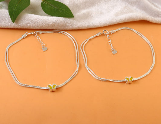Sterling Silver Double Chain Anklet with Yellow Butterfly Charm – 925 Silver Jewelry