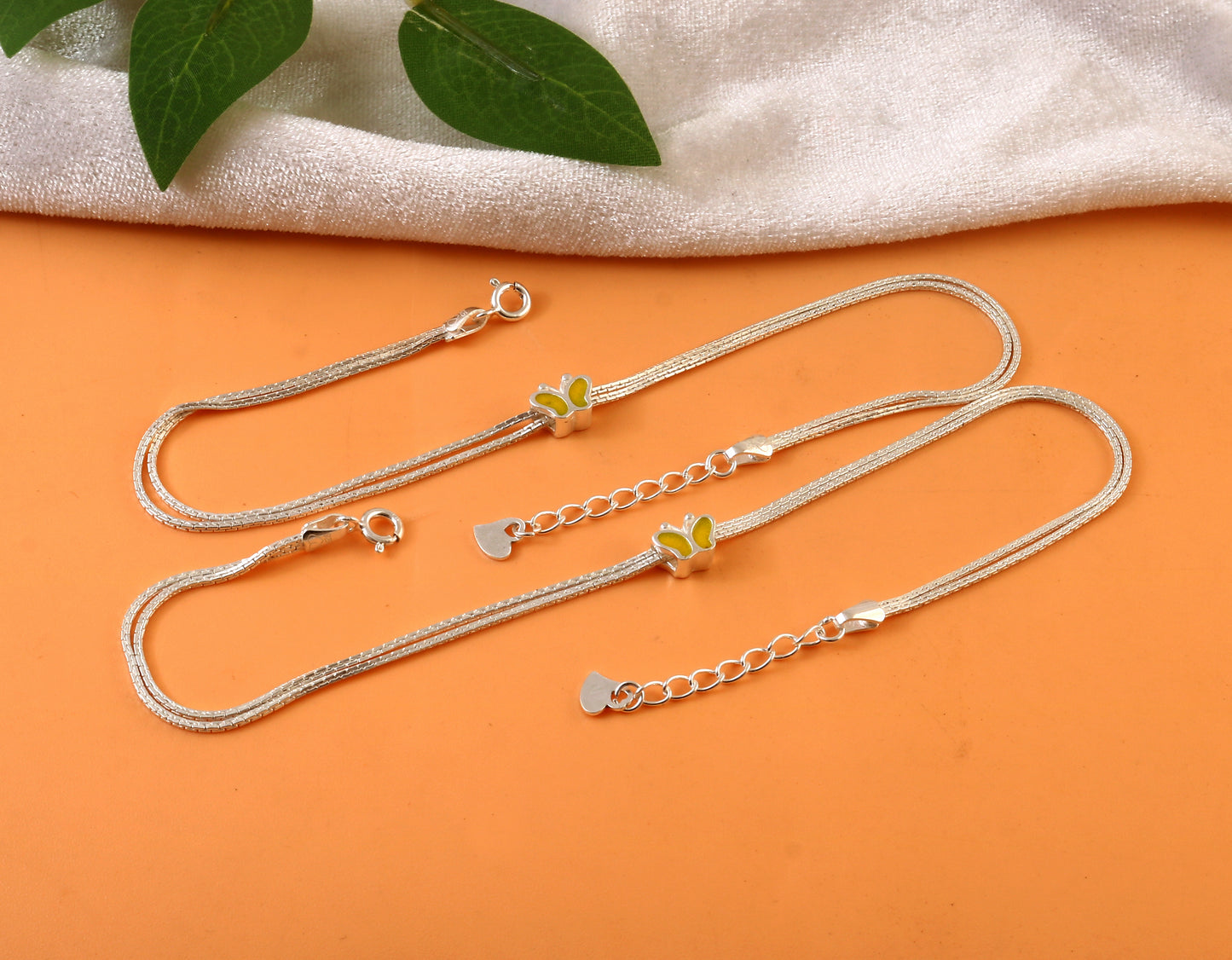 Sterling Silver Double Chain Anklet with Yellow Butterfly Charm – 925 Silver Jewelry