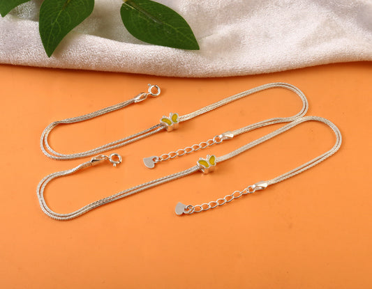 Sterling Silver Double Chain Anklet with Yellow Butterfly Charm – 925 Silver Jewelry