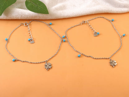 Sterling Silver Four Leaf Clover Anklet with Turquoise Beads – Lucky Charm Foot Jewelry