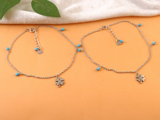 Sterling Silver Four Leaf Clover Anklet with Turquoise Beads – Lucky Charm Foot Jewelry