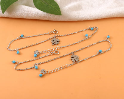 Sterling Silver Four Leaf Clover Anklet with Turquoise Beads – Lucky Charm Foot Jewelry