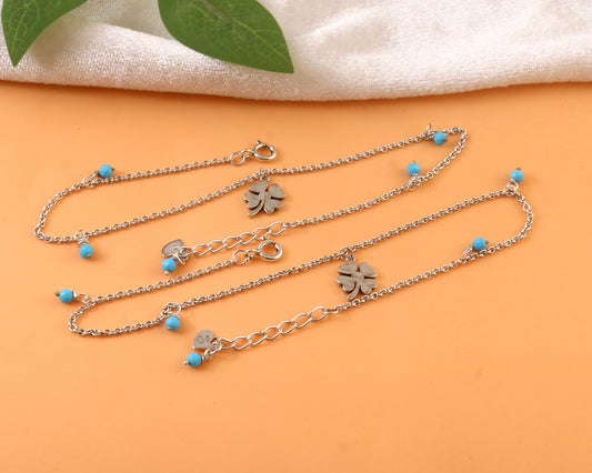 Sterling Silver Four Leaf Clover Anklet with Turquoise Beads – Lucky Charm Foot Jewelry