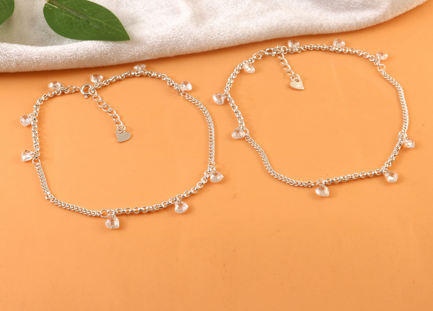 Sterling Silver Anklet with Crystal Heart Charms – Dainty Adjustable Foot Jewelry