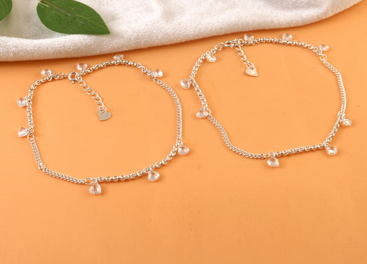 Sterling Silver Anklet with Crystal Heart Charms – Dainty Adjustable Foot Jewelry