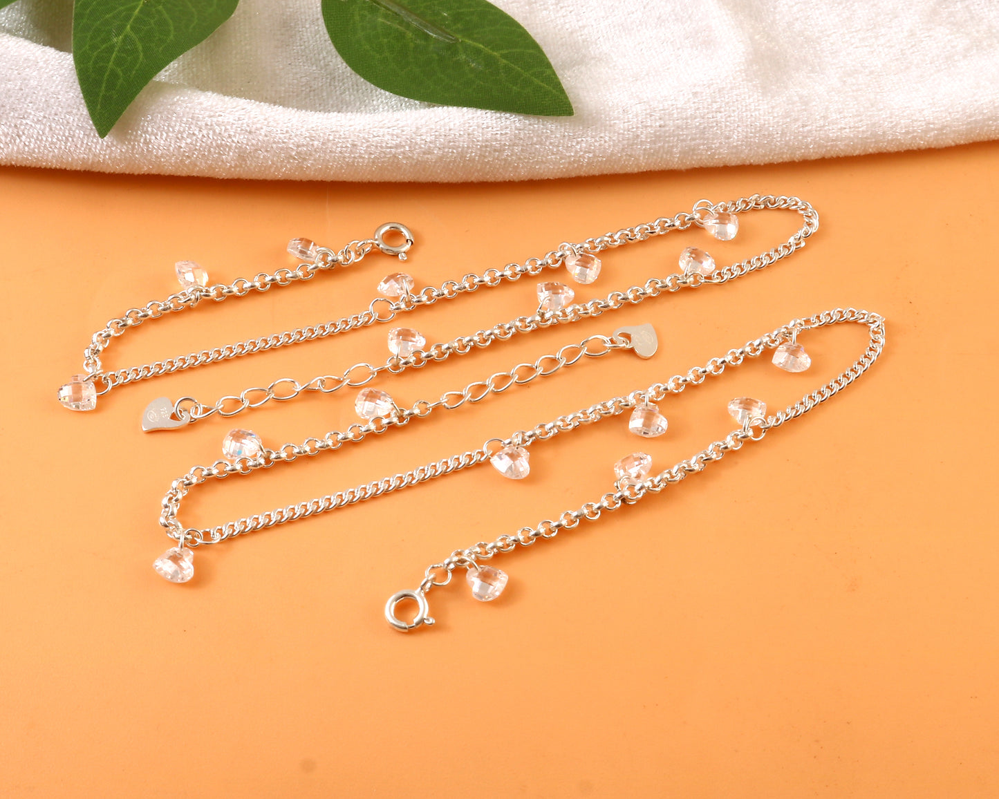 Sterling Silver Anklet with Crystal Heart Charms – Dainty Adjustable Foot Jewelry