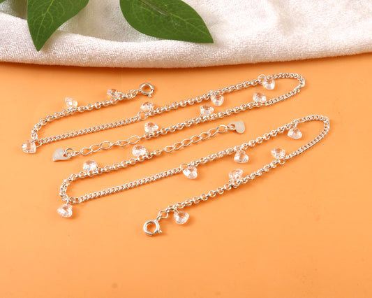 Sterling Silver Anklet with Crystal Heart Charms – Dainty Adjustable Foot Jewelry