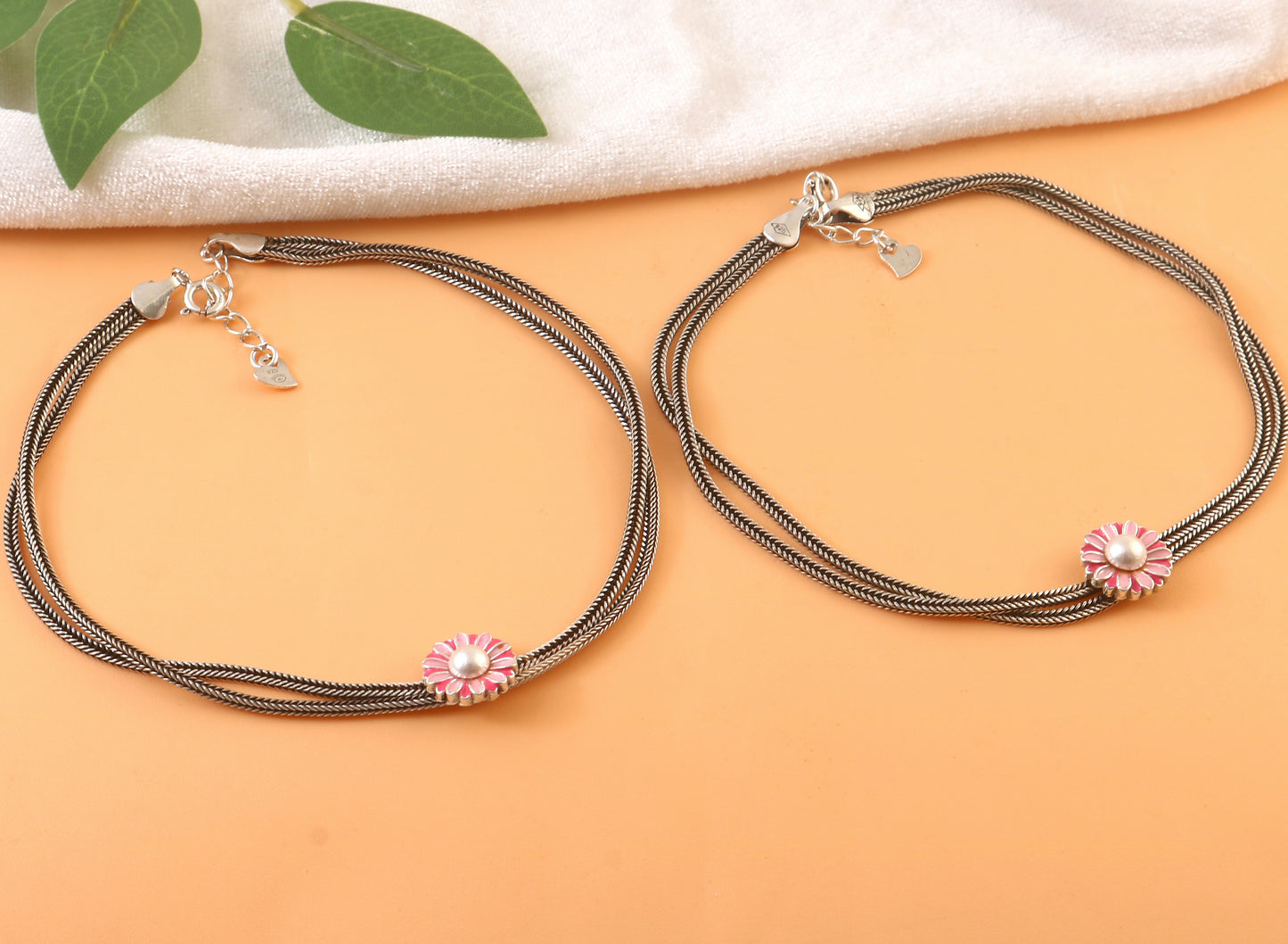 Sterling Silver Oxidized Pink Daisy Flower Anklet with Double Chain Design