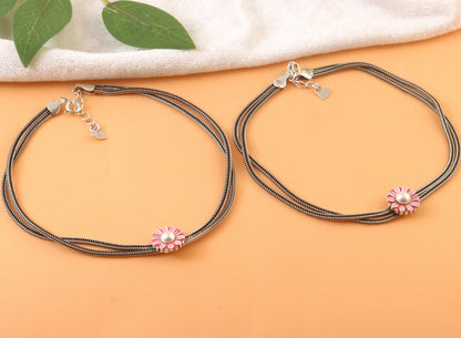 Sterling Silver Oxidized Pink Daisy Flower Anklet with Double Chain Design