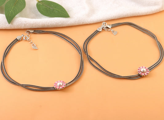 Sterling Silver Oxidized Pink Daisy Flower Anklet with Double Chain Design
