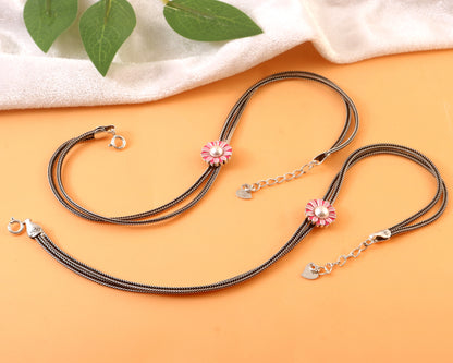 Sterling Silver Oxidized Pink Daisy Flower Anklet with Double Chain Design
