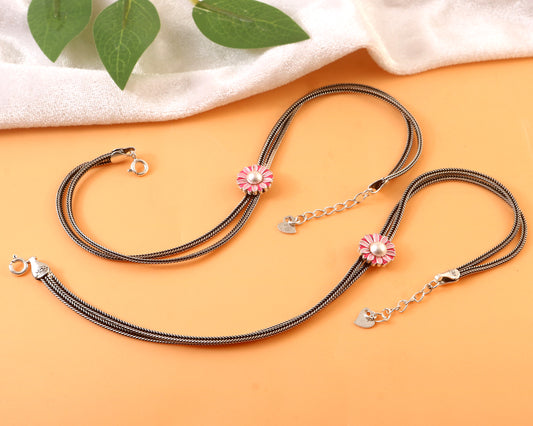 Sterling Silver Oxidized Pink Daisy Flower Anklet with Double Chain Design