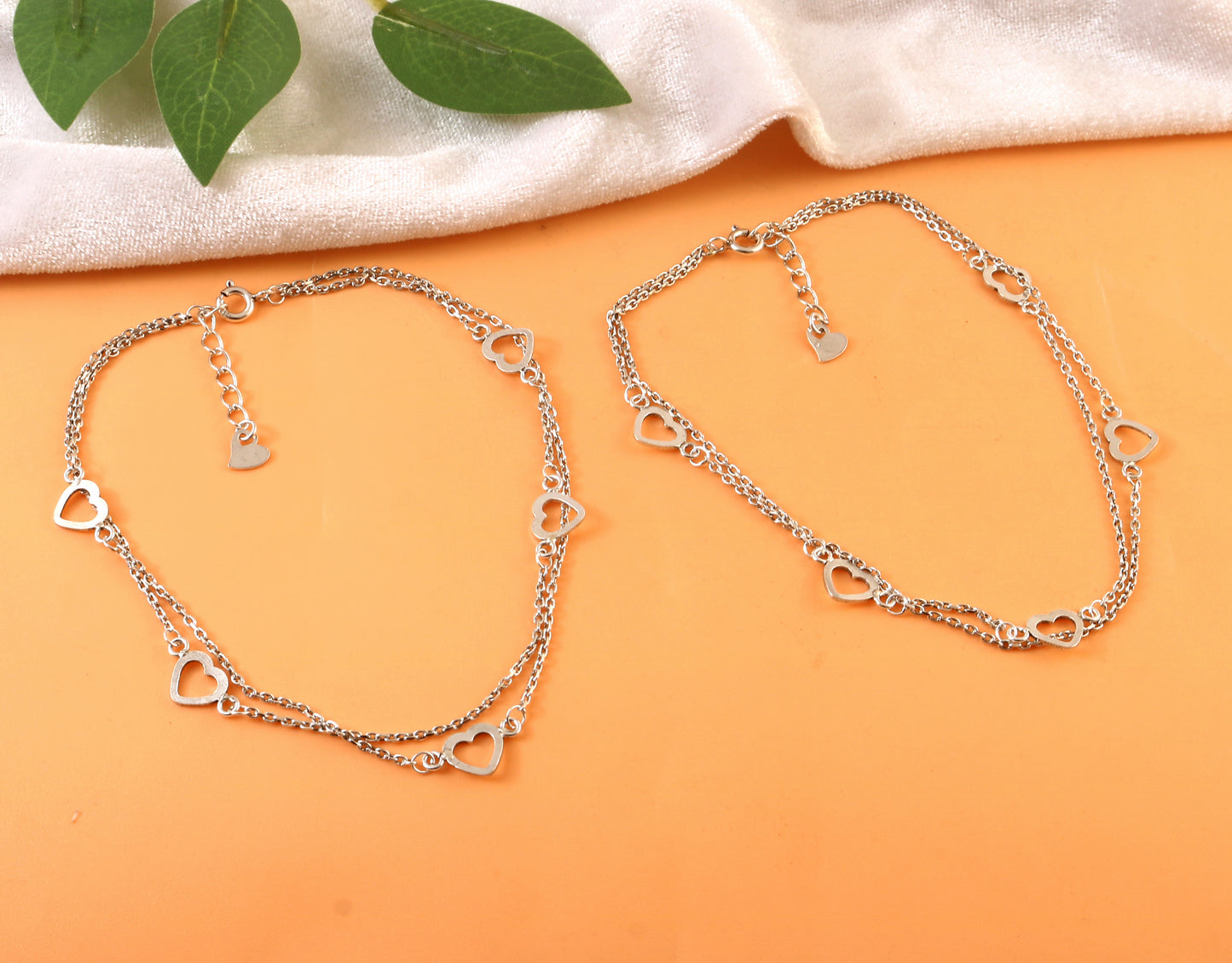 Sterling Silver Heart Anklet – Double Chain Open Heart Charm Jewelry for Women & Girls
