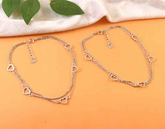 Sterling Silver Heart Anklet – Double Chain Open Heart Charm Jewelry for Women & Girls