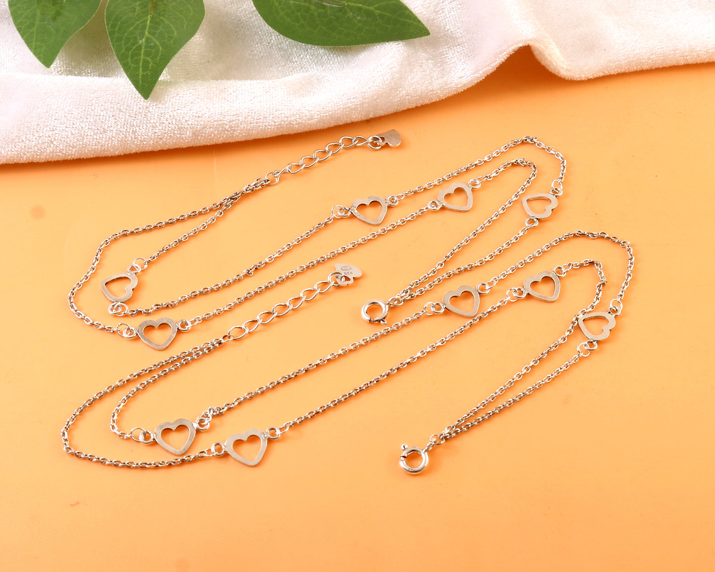 Sterling Silver Heart Anklet – Double Chain Open Heart Charm Jewelry for Women & Girls