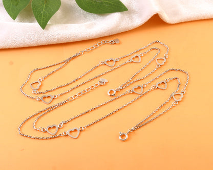 Sterling Silver Heart Anklet – Double Chain Open Heart Charm Jewelry for Women & Girls