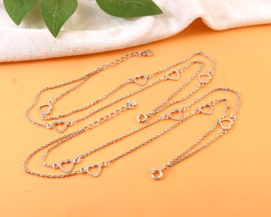 Sterling Silver Heart Anklet – Double Chain Open Heart Charm Jewelry for Women & Girls