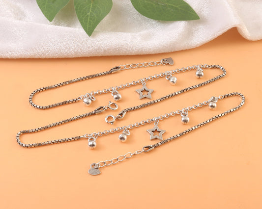 925 Silver Star Charm Anklet with Ghungroo Bells – Adjustable Women’s Payal