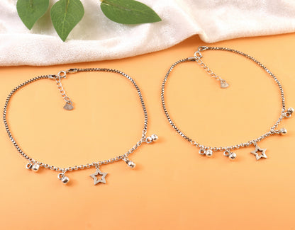925 Silver Star Charm Anklet with Ghungroo Bells – Adjustable Women’s Payal