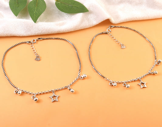 925 Silver Star Charm Anklet with Ghungroo Bells – Adjustable Women’s Payal