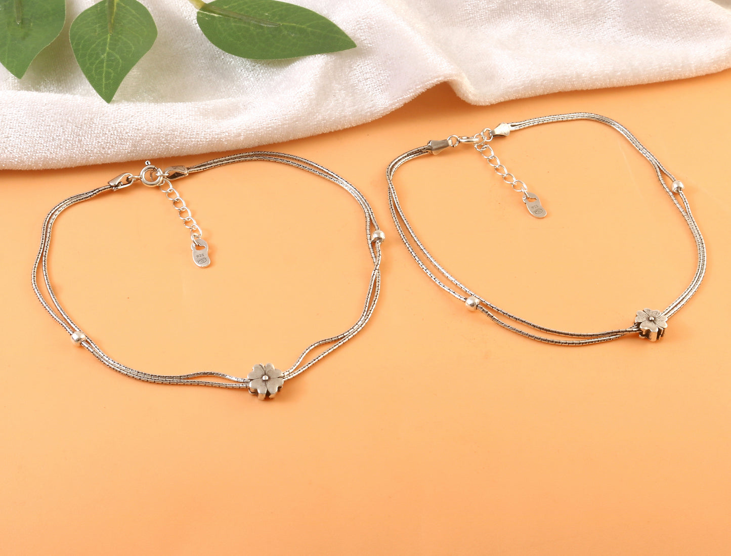 Sterling Silver Double Chain Anklet with Floral Charm – Adjustable Women’s Payal
