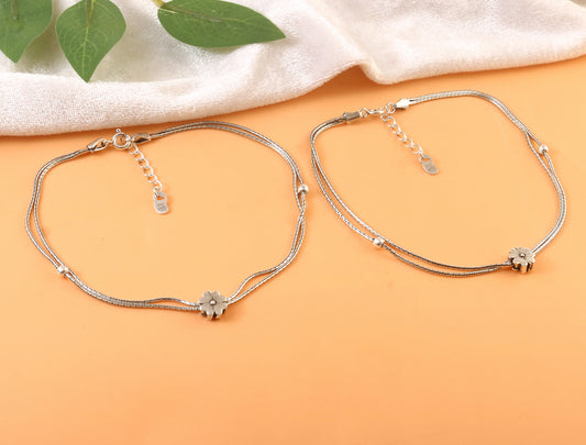 Sterling Silver Double Chain Anklet with Floral Charm – Adjustable Women’s Payal