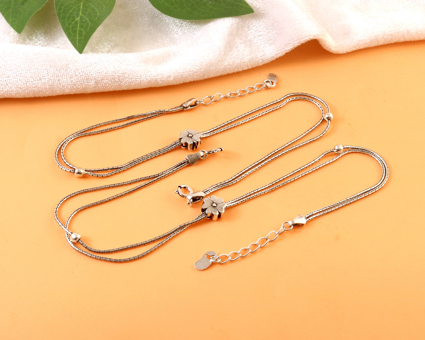 Sterling Silver Double Chain Anklet with Floral Charm – Adjustable Women’s Payal