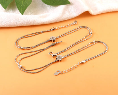 Sterling Silver Double Chain Anklet with Floral Charm – Adjustable Women’s Payal