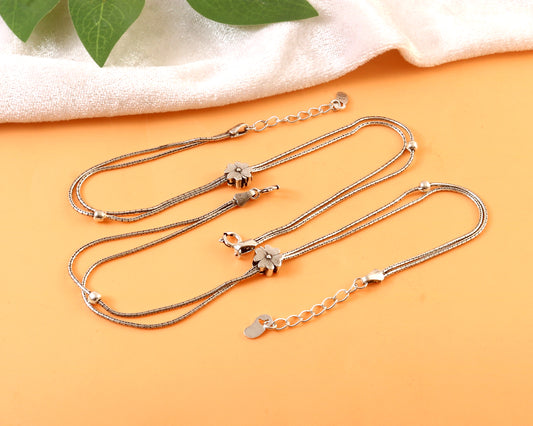 Sterling Silver Double Chain Anklet with Floral Charm – Adjustable Women’s Payal
