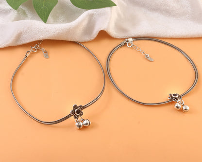Oxidized 925 Silver Floral Anklet with Black Stone & Ghungroo Charms